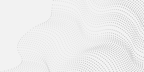 Flowing dot particles light wave pattern halftone white curve shape isolated on white background. 