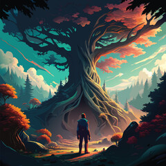 Fototapeta premium Big tree, man small. Grey sky, green leaves on ground. Forest foggy.
