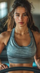Fototapeta premium Gym scene with beautiful woman running on treadmill focused expression fitness exercises healthy lifestyle