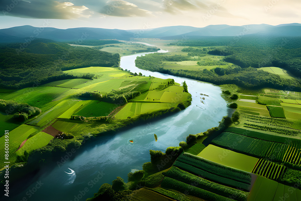 Poster lush green fields unfurl across the landscape in this aerial view. a winding river snakes through th