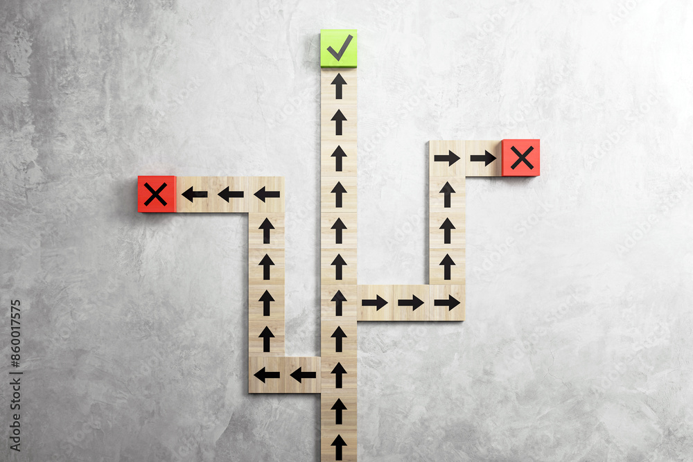 Aufkleber wooden blocks with arrows pointing towards a green check mark and red crosses, depicting decision ma