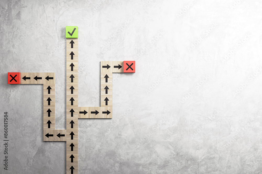 Aufkleber Image of wooden path with arrows and check marks on a concrete background, concept of decision making. 3D Rendering