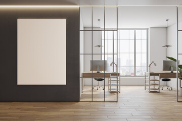 Modern office interior with empty canvas on wall, wooden floor, and city view, concept of design space. 3D Rendering