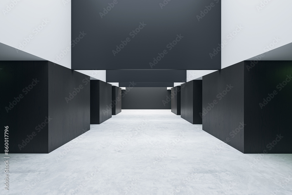 Aufkleber a modern interior of a gallery or exhibition space with empty black walls and gray flooring on a lig