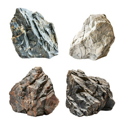 Rugged rocks with varied textures and colors, showcasing their natural, raw beauty. Isolated on transparent background.