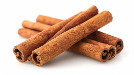 Cinnamon sticks isolated on white background, natural spice ingredient, aromatic, brown color, dried, solo, seasoning, flavorful, herbal, healthy, baking, cooking, decoration, nobody
