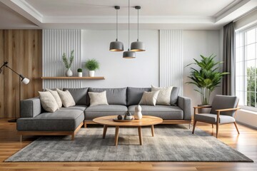 Fototapeta premium big white living room.interior design,gray and black sofa,wooden table,lamp,carpet ,wall for mock up and copy space