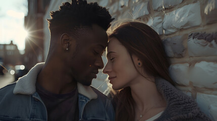 Fototapeta premium Modern black man and caucasian woman in a town : Generative AI
