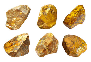 Beautiful golden-yellow crystals with rich textures and patterns, shining brightly. Isolated on transparent background.