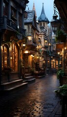 Old street in Paris at night, France. Panoramic view.