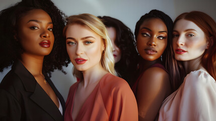 Fototapeta premium Style and confidence Diverse group of empowered women standing together against a studio background Selfconfident female friends standing in a studio : Generative AI