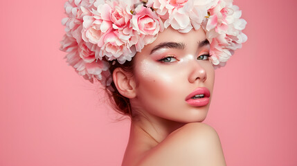 Fototapeta premium creative fashion beauty portrait of beautiful young woman with flower hairstyle model girl with professional makeup and body art over pink background : Generative AI