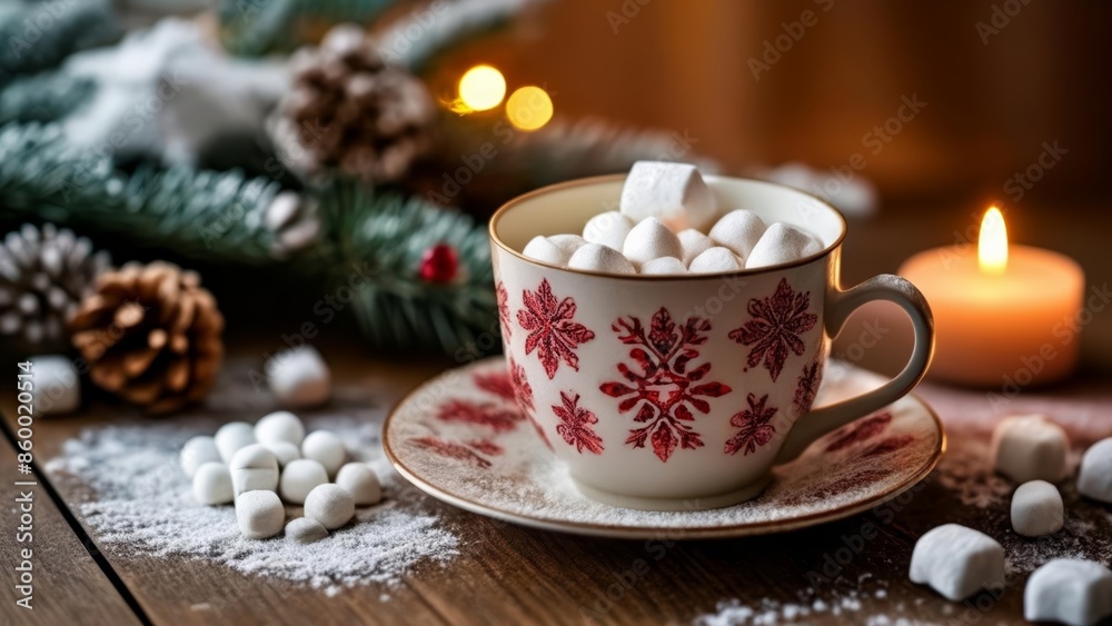 Wall mural  Cozy Christmas  Marshmallowfilled cup festive pine cones and warm candlelight