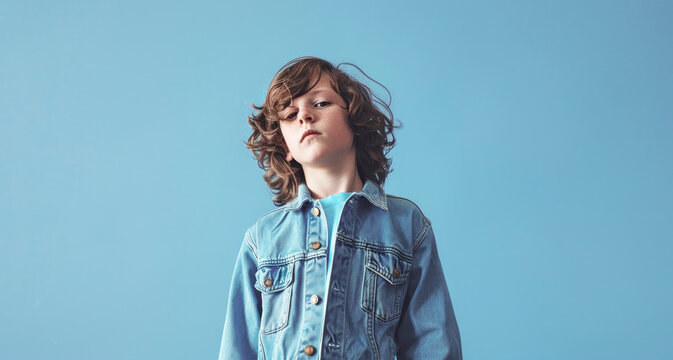 Stylish boy in jeans outfit. Kids fashion concept