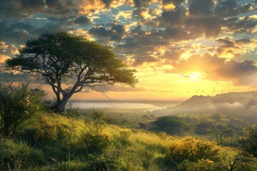 Fototapeta premium Golden Sunset over a Lush Landscape
