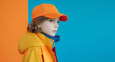 Obraz premium Stylish young model in fall winter bright outfit. Kids fashion concept. 