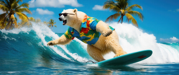 A polar bear wearing sunglasses and a tropical shirt rides a surfboard on a turquoise wave in a tropical paradise