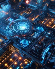 Fototapeta premium Futuristic technology interface with glowing lights and complex circuitry, depicting advanced digital innovation and artificial intelligence.