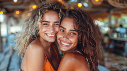Two young women with sun-kissed skin and bright smiles embrace warmly in a casual outdoor setting