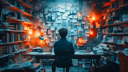 A lone detective sits at a desk, surrounded by stacks of books and a wall covered in clues, immersed in solving a complex case