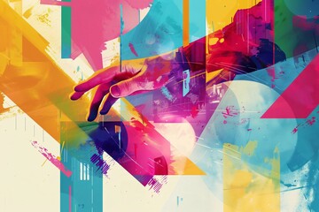 Vibrant and abstract composition of shapes and colors includes a hand reaching out