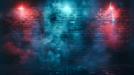 Fototapeta premium Neon light on brick walls that are not plastered background and texture. Lighting effect red and blue neon background