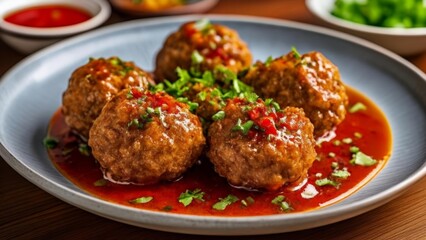 Fototapeta premium Delicious meatballs in a rich tomato sauce ready to be savored