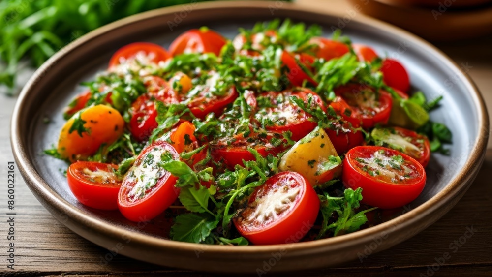 Wall mural  Freshly sliced tomatoes and greens ready to be savored