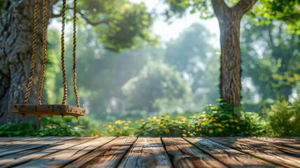 Old wooden terrace with wicker swing hanging from a tree