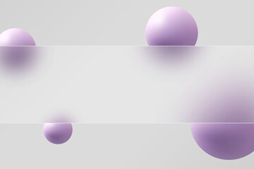 Website landing page template in glass morphism style. Frosted glass partition with floating spheres.