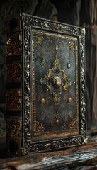 Close-up of an ornate antique book with detailed golden embellishments, evoking a sense of history and mystery on a wooden surface.