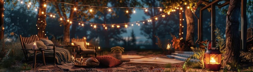 cozy outdoor party, string lights, rustic decor, soft blankets, peaceful night, warm gathering, fulfillment