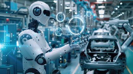 Fototapeta premium AI Robot in Automated Car Manufacturing Assembly Line generated with AI