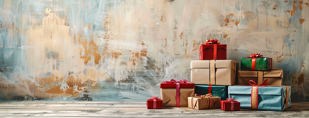 wide horizontal red and gold Christmas party background banner with wrapped and decorated gift boxes on a table with blank white space   