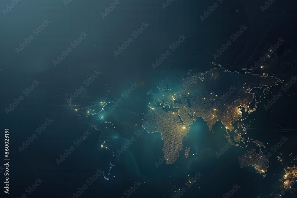 Poster a simplified illustration of the world map with continents outlined in thin lines and illuminated by