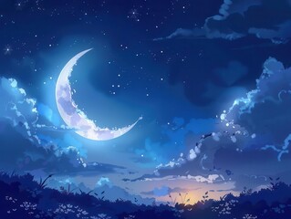 crescent moon, moonlit evening, gentle breeze, quiet night, calm atmosphere, tranquil night, serene stars