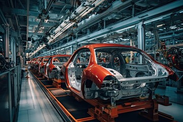 Automated robot arm assembly line manufacturing high-tech green energy electric vehicles. Automobile assembly line production. Automatic construction, building, welding industrial production conveyor.