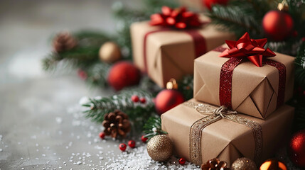 wide horizontal red and gold Christmas party background banner with wrapped and decorated gift boxes on a table with blank white space   