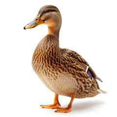 Obraz premium Profile view of a female mallard duck standing on a white background, showcasing its distinctive feathers and coloring.