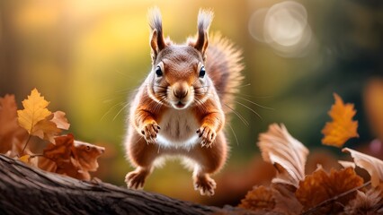Red brown squirrel jumping, nature background with copy space. Generative AI