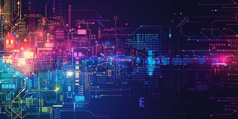 technology mostly Green space with colourful graphics around the edge, blue and purple hues