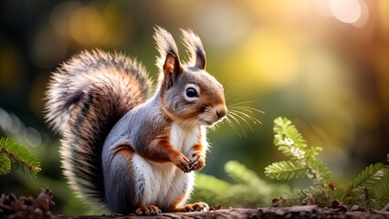 Obraz premium Grey squirrel sitting calmly on a branch, blurred green background. Generative AI