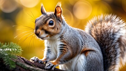 Obraz premium Grey squirrel eating nuts on blurred green background with copy space. Generative AI