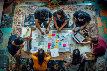 Overhead view of a diverse group of people collaborating on a creative project with papers and sticky notes spread out on the table.