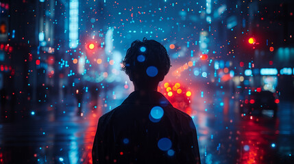 A businessman engages with holographic virtual screens, portraying internet technology and network concepts. The blue sci-fi tone and bokeh background add depth to the silhouette