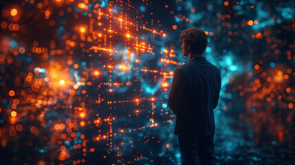 A businessman interacting with holographic virtual screens featuring internet technology and network concepts, highlighted by a blue sci-fi tone and bokeh background
