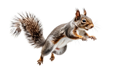 Grey squirrel jumping, digital art style on isolated background with copy space. Generative AI