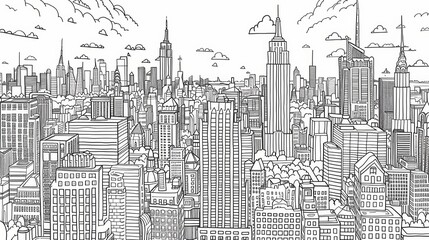 A coloring book illustration of a cityscape, with buildings and skyscrapers made of geometric shapes, waiting to be colored.