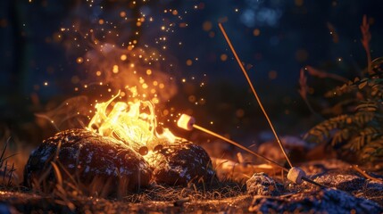 marshmallow roasting, crackling fire, night whispers, serene bonfire, peaceful night, warm gathering, fulfillment