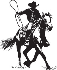 Fototapeta premium Cowboy silhouette with rope lasso on horse